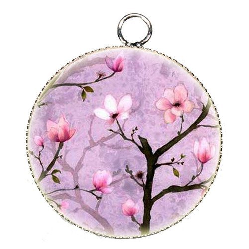 Pendentif charms breloque cabochon metal et  résine epoxy fleur  25 mm n°76