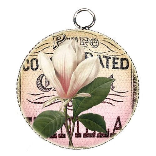 Pendentif charms breloque cabochon metal et  résine epoxy fleur  25 mm n°64