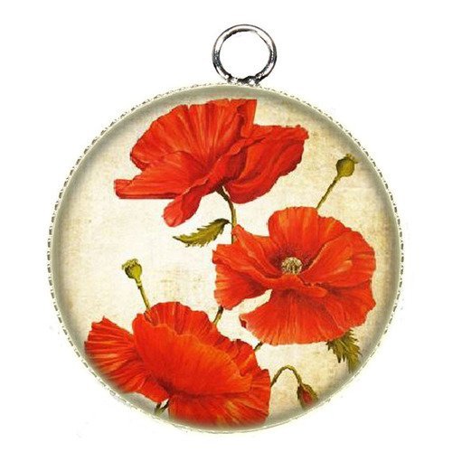 Pendentif charms breloque cabochon metal et  résine epoxy coquelicot  25 mm n°16