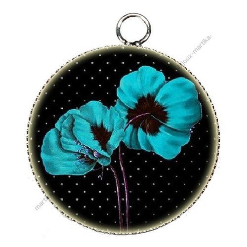 Pendentif charms breloque cabochon metal et  résine epoxy coquelicot  25 mm n°2