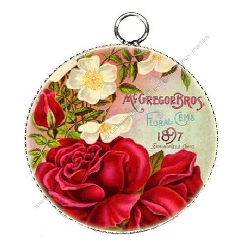 Pendentif charms cabochon metal et  résine epoxy fleur rose 25 mm n°22