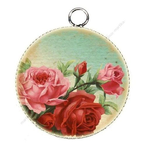 Pendentif charms cabochon metal et  résine epoxy fleur rose 25 mm n°14