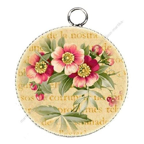 Pendentif charms cabochon metal et  résine epoxy fleur 25 mm n°18