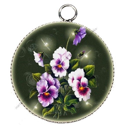 Pendentif cabochon metal et epoxy 25 mm fleur création artisanal fl1