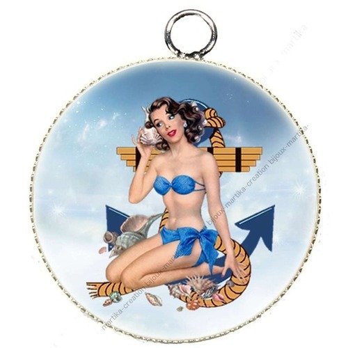 1 pendentif cabochon pin up metal argenté epoxy  made in france up2