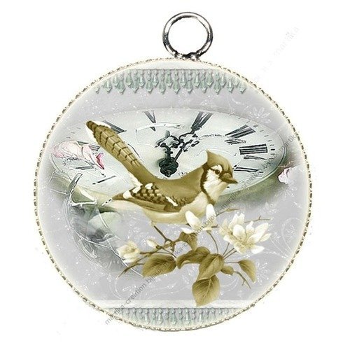 1 pendentif cabochon l&#039;oiseau et le temps  metal argenté epoxy  made in france lot