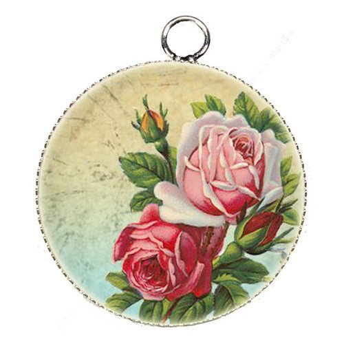 1 pendentif charms cabochon metal epoxy collection rose  25 mm r10