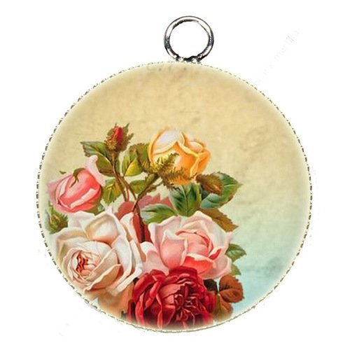1 pendentif charms cabochon metal epoxy collection rose  25 mm r9