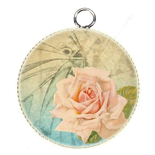 1 pendentif charms cabochon metal epoxy collection rose  25 mm r8