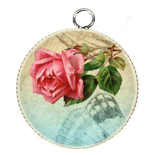 1 pendentif charms cabochon metal epoxy collection rose  25 mm r7