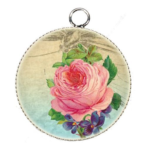 1 pendentif charms cabochon metal epoxy collection rose  25 mm r5