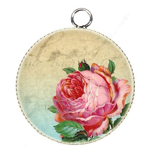 1 pendentif charms cabochon metal epoxy collection rose  25 mm r4