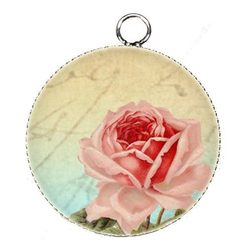 1 pendentif charms cabochon metal epoxy collection rose  25 mm r3
