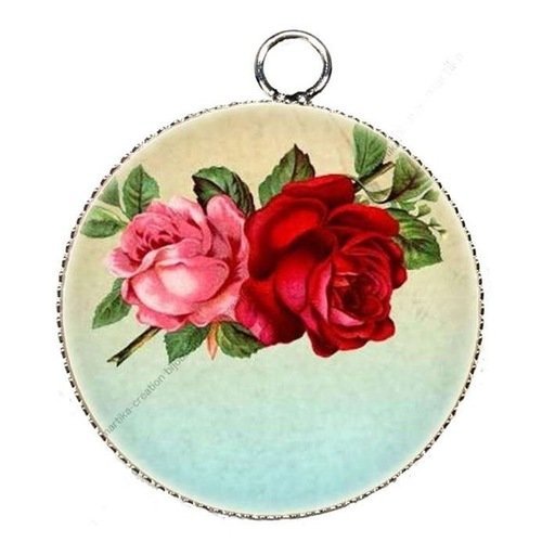 1 pendentif charms cabochon metal epoxy collection rose 25 mm r1