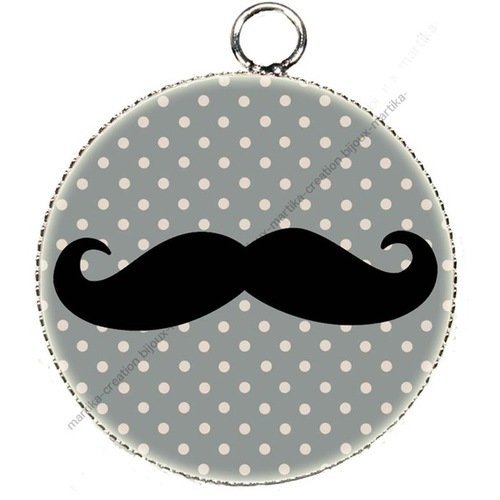 1 pendentif charms cabochon metal epoxy moustache fond pois gris 25 mm 