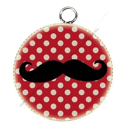 1 pendentif charms cabochon metal epoxy moustache fond pois rouge 25 mm 