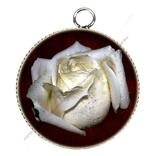 1 pendentif  cabochon rose blanche fond bx epoxy résine métal argenté 