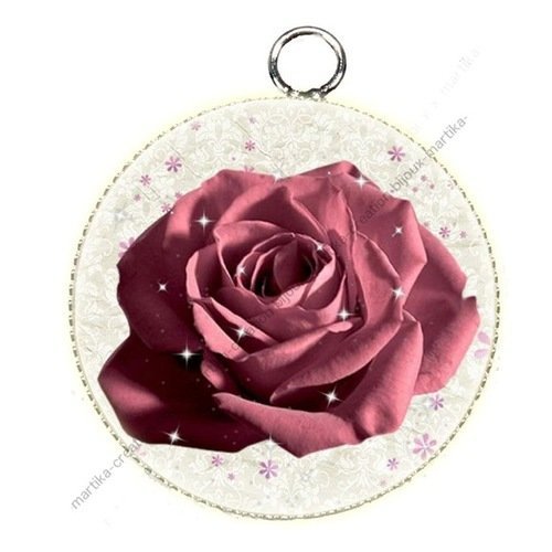 1 pendentif  cabochon rose rose epoxy résine métal argenté 