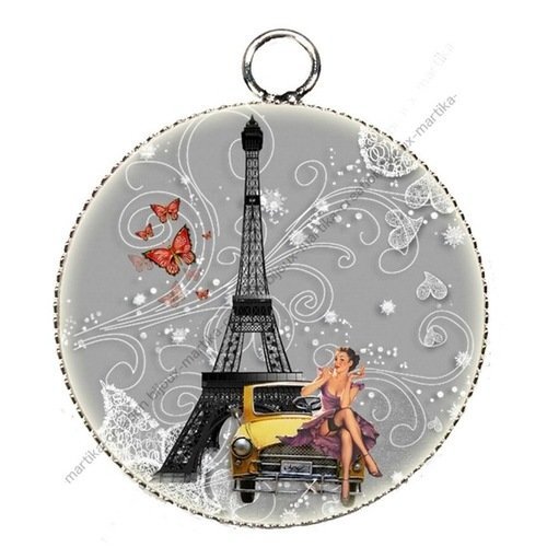 1 pendentif  cabochon  epoxy résine métal argenté pin-up a paris