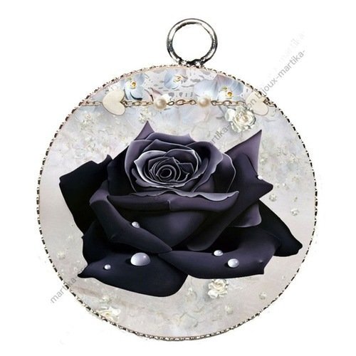 1 pendentif  cabochon rose noire  epoxy résine métal argenté 