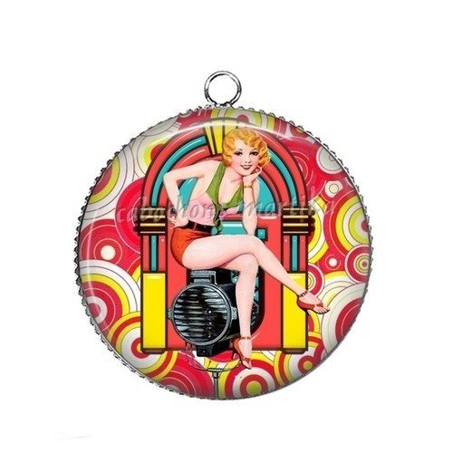 1 pendentif  25 mm argenté cabochon pin up epoxy résine métal 