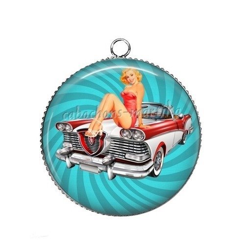 1 pendentif  25 mm argenté cabochon pin up epoxy résine métal 