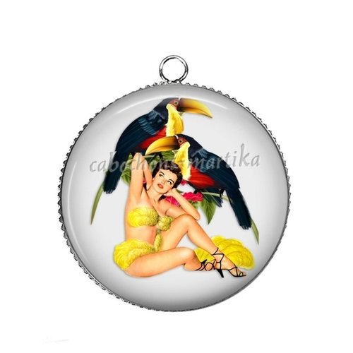 1 pendentif cabochon pin up epoxy résine métal  25 mm argenté