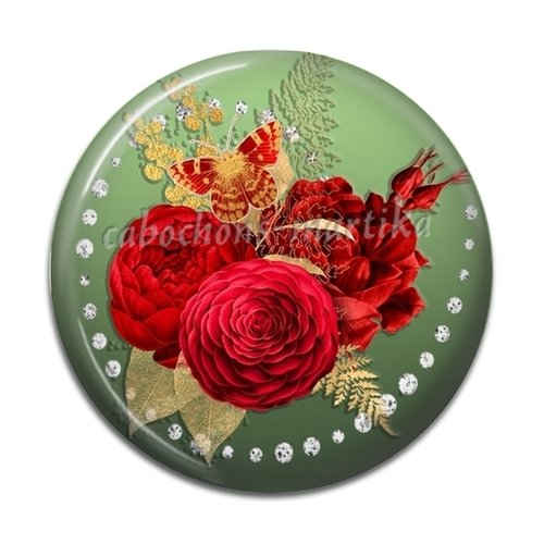 Cabochon fleur rose , verre 25 mm 