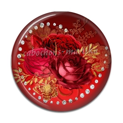 Cabochon fleur rose , verre 25 mm 
