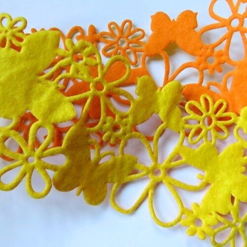 Feutrine ruban 2 faces large orange et jaune ajouré  fleur et papillon 