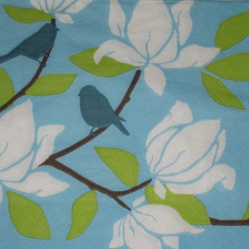 Serviette en papier fleurs oiseaux bleu 