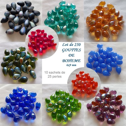 Offre decouverte - lot 250 perles gouttes de boheme "ab" 6x9mm en verre - 10 coloris