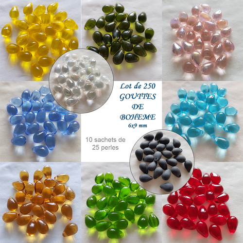 Offre decouverte - lot 250 perles gouttes de boheme 6x9mm en verre - 10 coloris