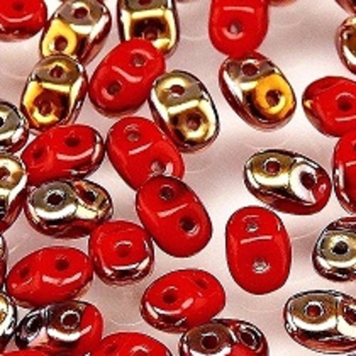 10gr superduo® 2.5x5mm en verre coloris opaque coral red capri gold 93200/27101 - rouge / or
