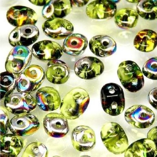 10gr superduo® 2.5x5mm en verre coloris olivine vitrail 50230/28101 - vert / multicolore