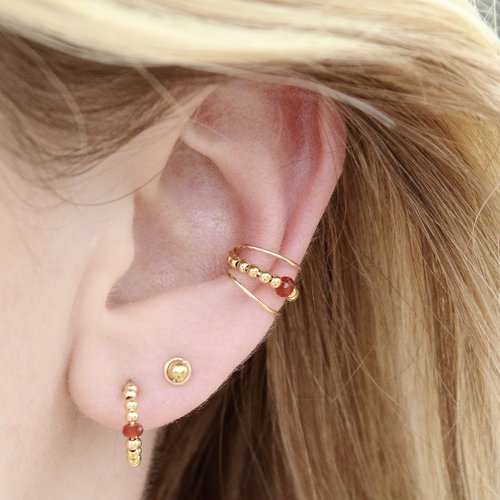 Bague d'oreille triple rang en or laminé 14k et cornaline - ear cuff - bijoux d'oreilles