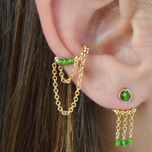 Bague d'oreille chaînettes en or laminé 14k et diopside - bague conque - bijoux d'oreilles sans perçage