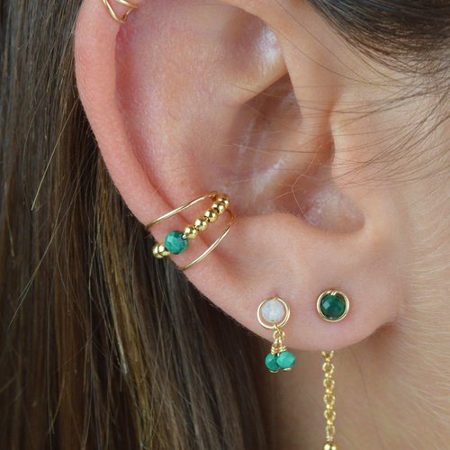 Bague d'oreille triple rang en or laminé 14k et malachite - ear cuff conque - bijoux d'oreilles sans perçage