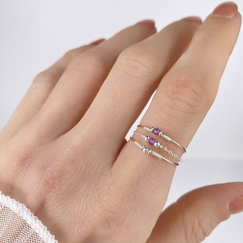 Trio de bagues minimalistes empilables en argent 925 et améthyste - bagues fines en or laminé - lot de bagues fines en argent