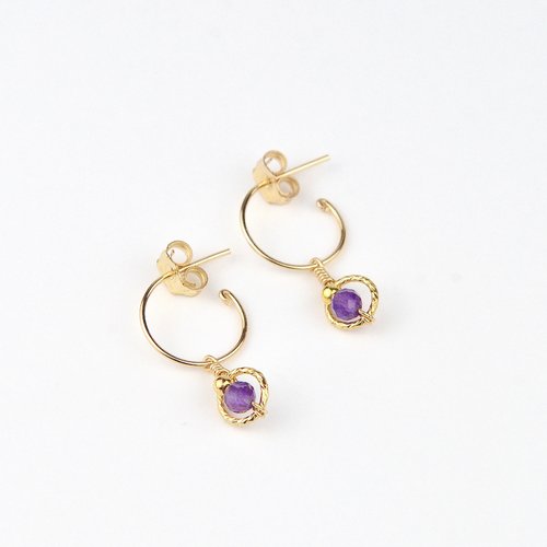Petites créoles fines en or laminé 14k et améthyste - créoles pendentifs améthyste - boucles d'oreilles en argent 925 ou en or