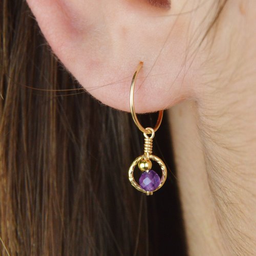 Petites créoles fines en or laminé 14k et améthyste - créoles pendentifs améthyste - boucles d'oreilles en argent 925 ou en or