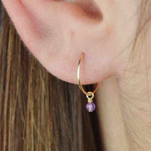 Boucles d'oreilles créoles en or laminé 14k et améthyste - créoles fines en argent 925 ou en or - boucles d'oreilles fines