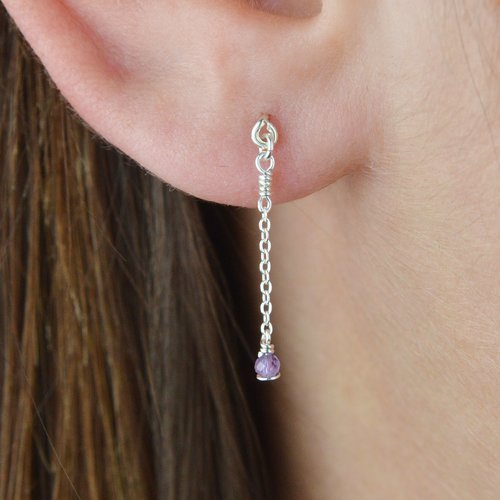 Boucles d'oreilles très fines en chaîne d'argent 925 et améthyste - boucles d'oreilles minimalistes en or laminé ou en argent