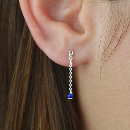 Boucles d'oreilles très fines en chaîne d'argent 925 et lapis lazuli - boucles d'oreilles minimalistes en or laminé ou en argent