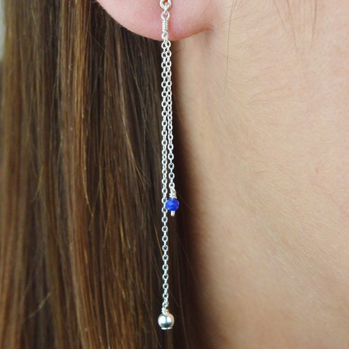 Boucles d'oreilles longues en fine chaîne d'argent 925 et lapis lazuli - boucles d'oreilles élégantes en or laminé 14k ou en argent