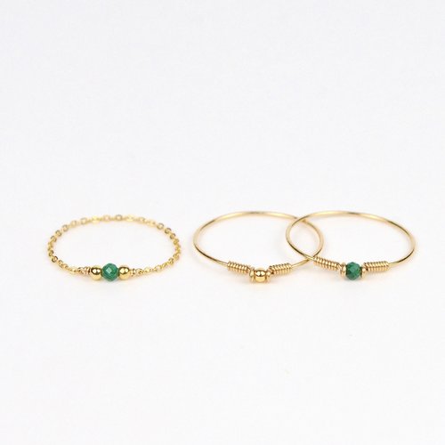 Trio de bagues fines empilables en or laminé et malachite - lot de bagues fines minimalistes en argent 925 ou en or