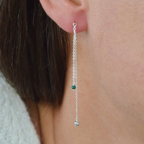 Boucles d'oreilles longues en fine chaîne d'argent 925 et malachite - boucles d'oreilles élégantes en or laminé ou en argent