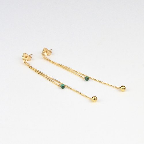 Boucles d'oreilles longues en fine chaîne en or laminé 14k et malachite - boucles d'oreilles élégantes en argent 925 ou en or