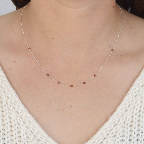 Collier fin multi-pierres en argent 925 et jaspe rouge - collier minimaliste en argent 925 ou en or - bijoux fins pierres fines