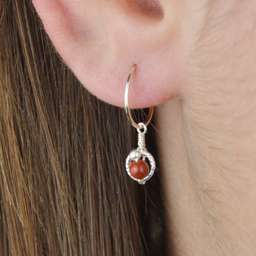 Petites créoles fines en argent 925 et jaspe rouge - créoles pendentif cercle d'or - boucles d'oreilles en argent 925 ou en or
